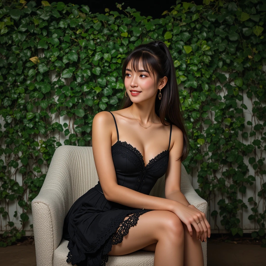 Femme en mini-robe noire assise près du lierre la nuit