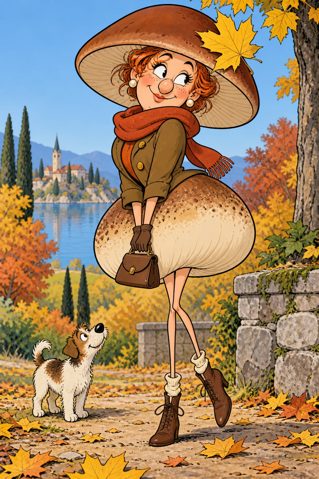 Playful comic girl with maple leaf on her mushroom hat