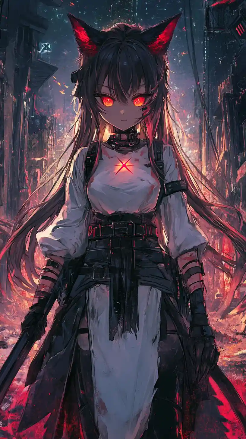 Anime girl with bat in dark cyberpunk city street