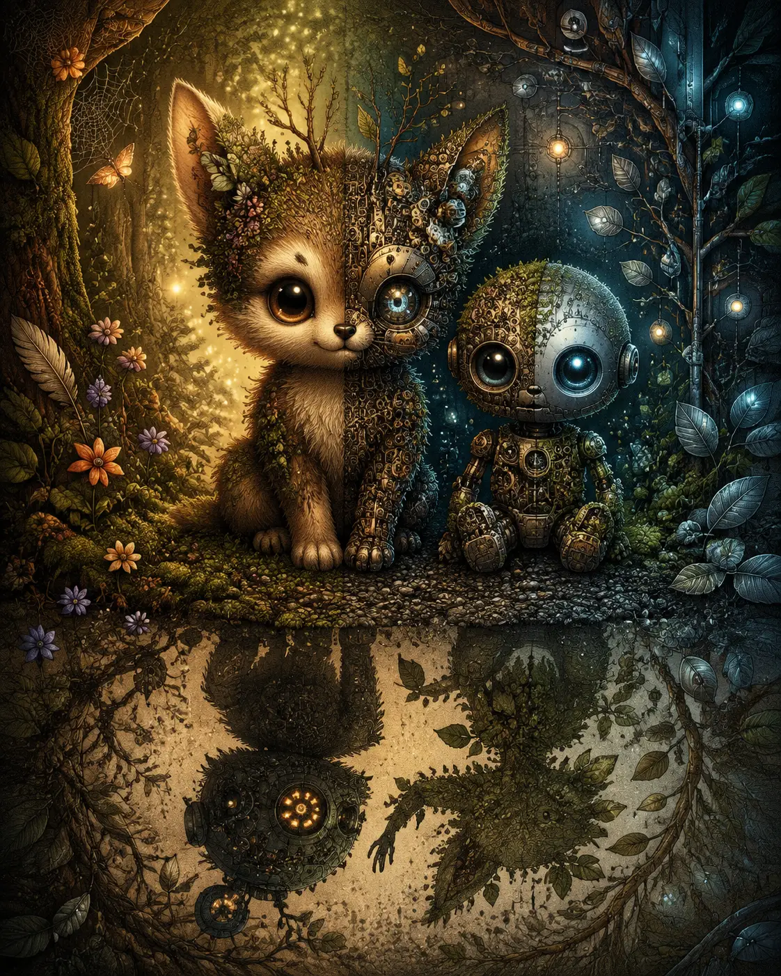 Cute forest creature with tiny mechanical friend in woodland