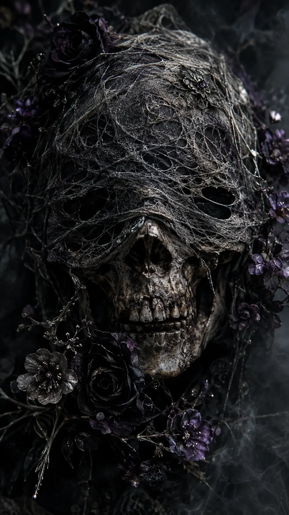 Nightmarish skull wrapped in dark mist and flowers