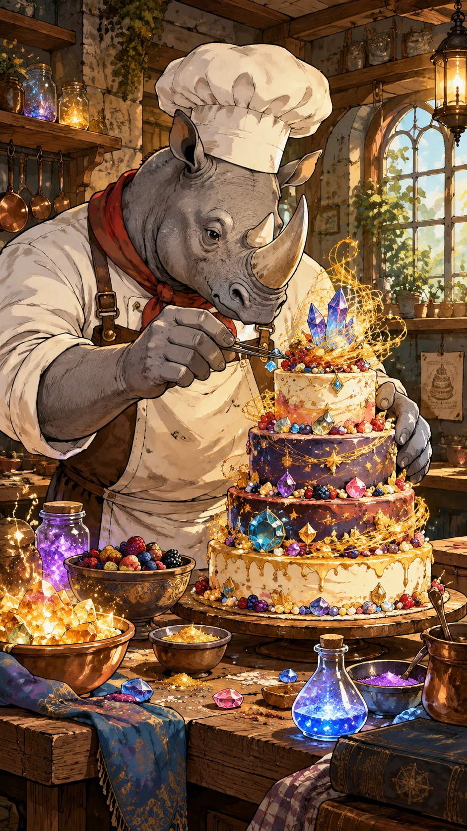 Anthropomorpher Nashornkoch, der eine turmhohe Juwelen-Torte kreiert