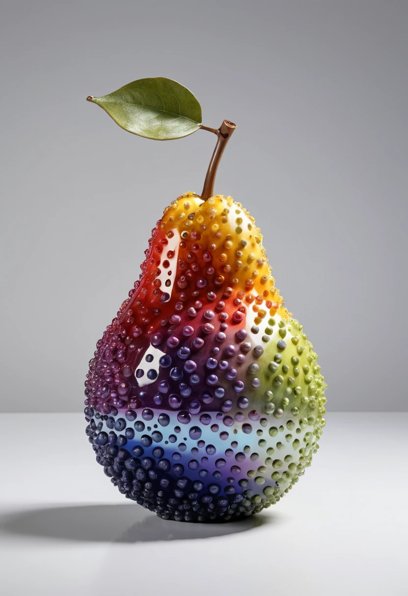 Escultura de fruta branca com pontos coloridos e acabamento cerâmico brilhante