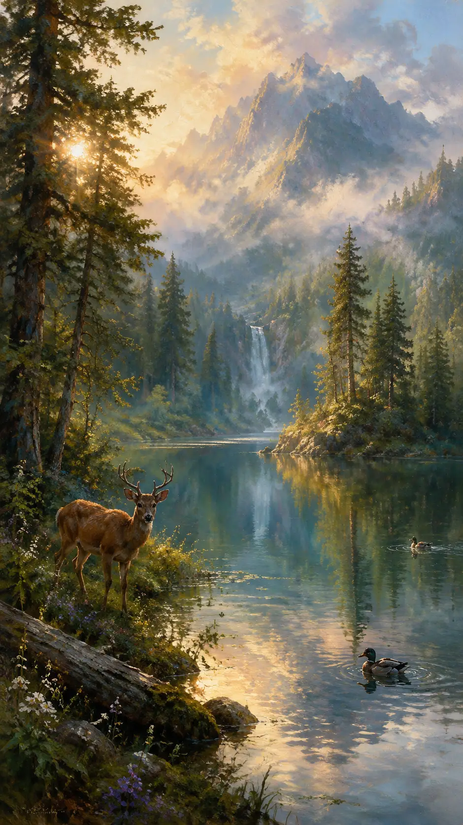 Mystical oil painting of a secluded forest lake