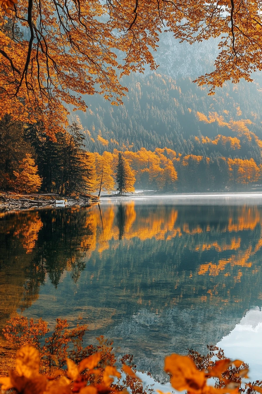 Neugieriges Rehkitz an einem stillen Herbstsee im goldenen Licht