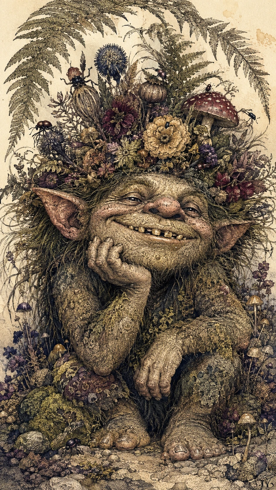 Retrato fantasioso de troll com coroa floral de cogumelos
