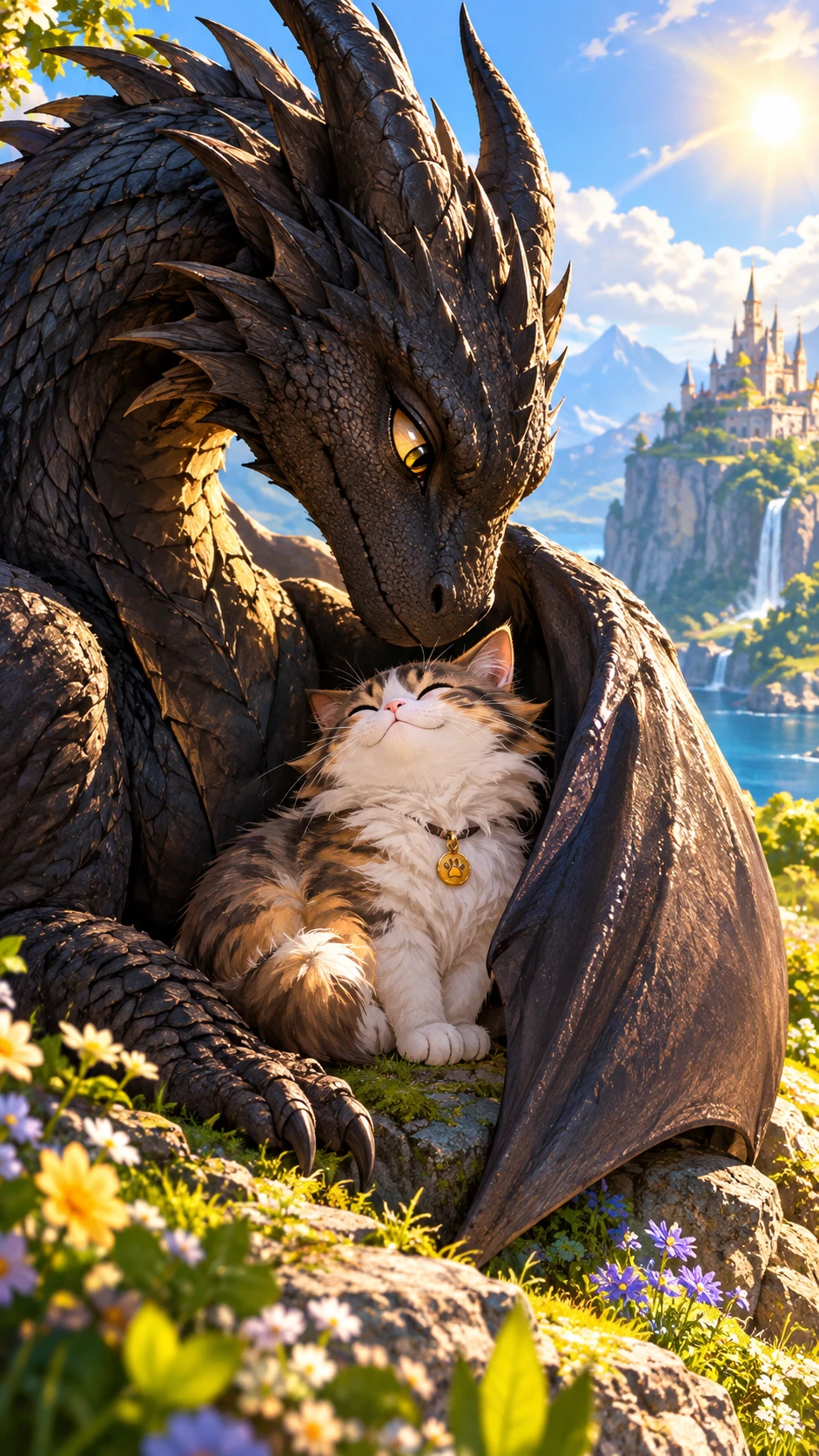 Dragon noir protégeant un chat mignon sous son aile