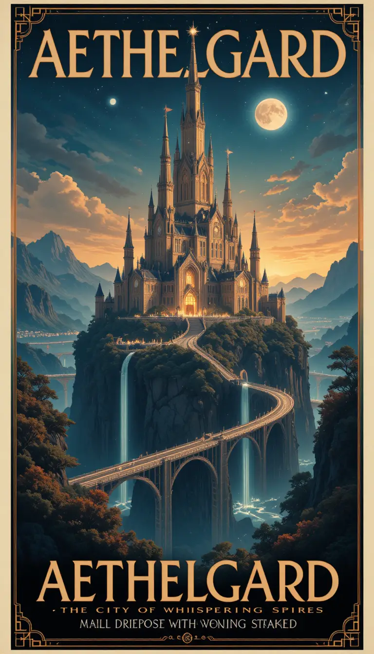 Affiche vintage d’une cité fantastique lumineuse dans des arbres ancestraux