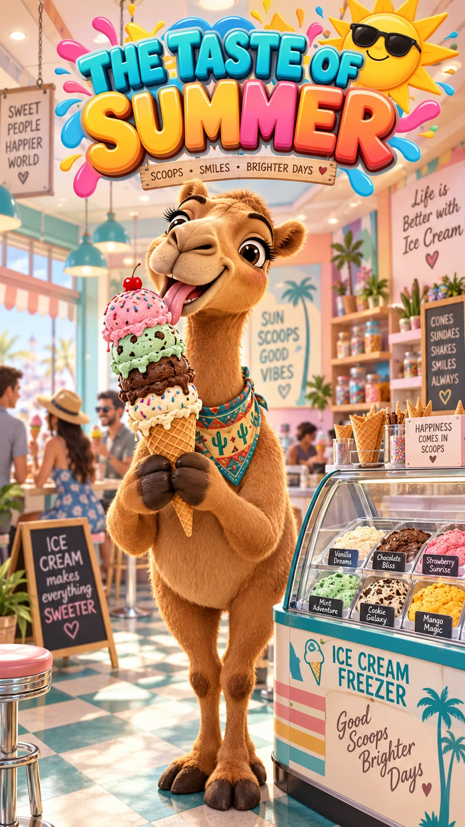 Camelo alegre saboreando sorvete em uma sorveteria retrô