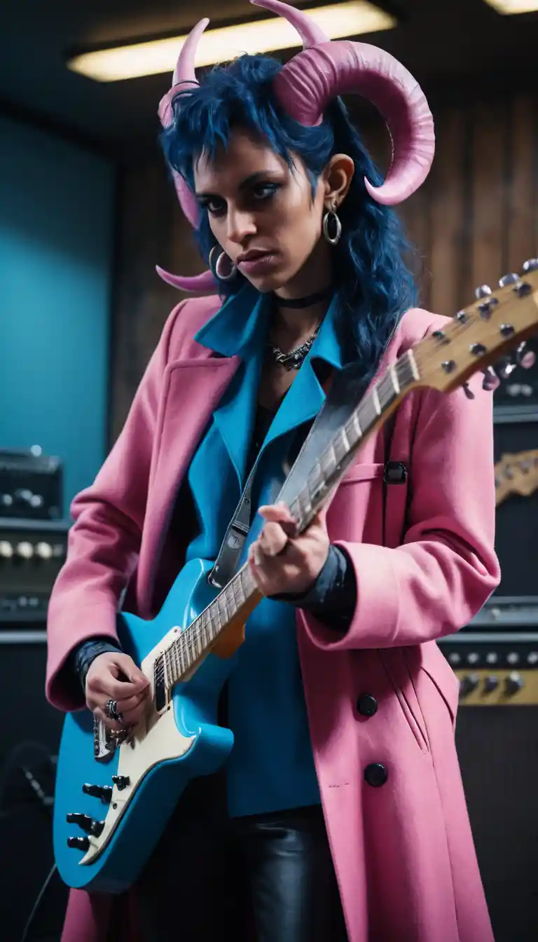 Rockstar tiefling woman playing bass guitar in punk coat