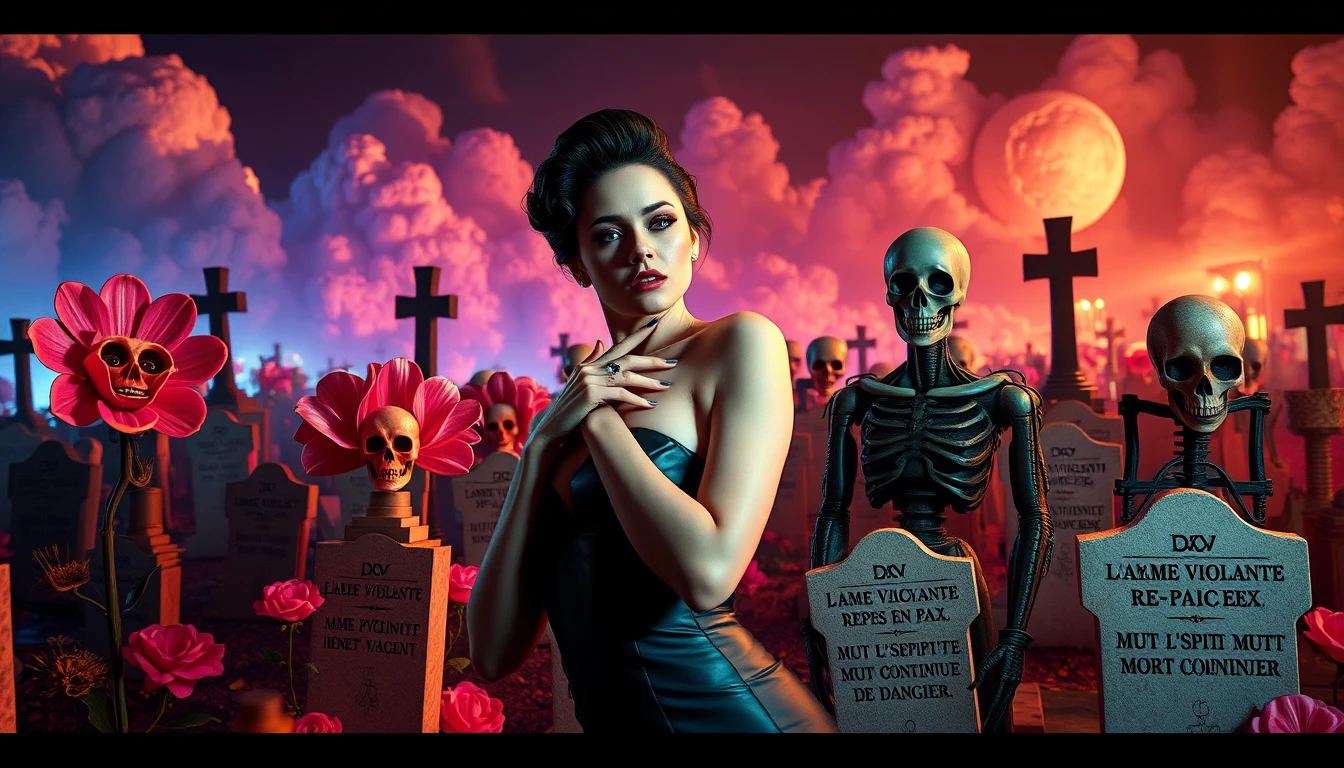 Mulher surreal posando em paisagem macabra de carnaval neon