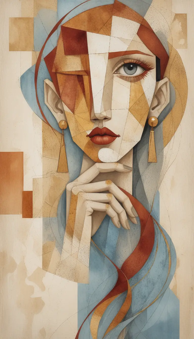 Portrait cubiste à l’aquarelle d’une femme au visage géométrique