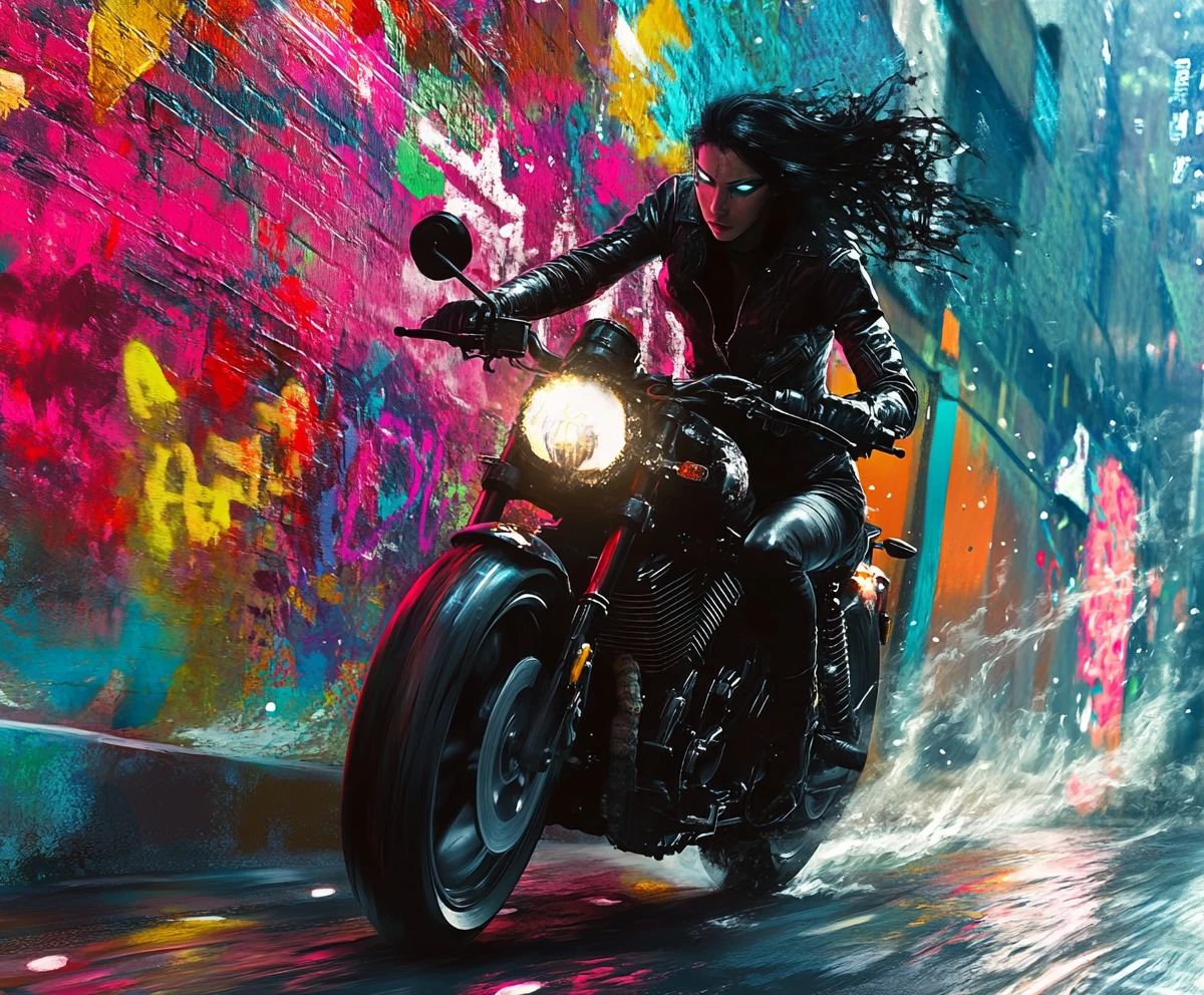 Mulher cyberpunk pilotando moto em direção a muro de grafite na cidade