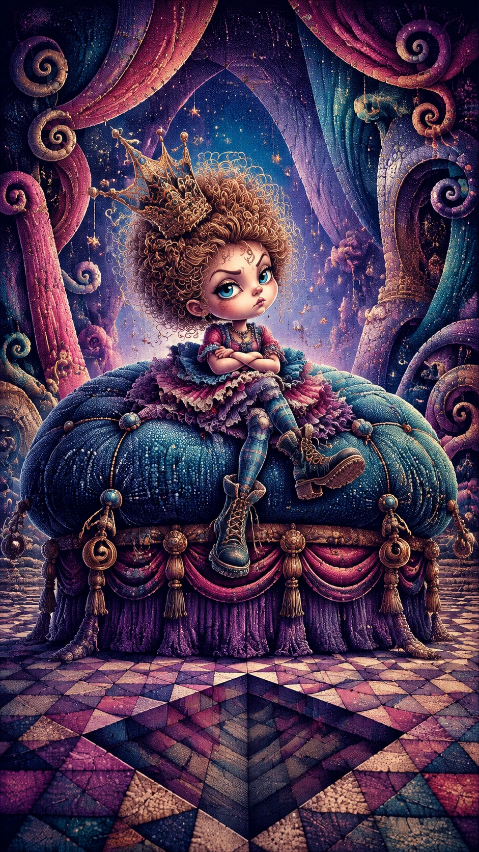Minuscule fille sur trône de coussin surdimensionné au regard dramatique