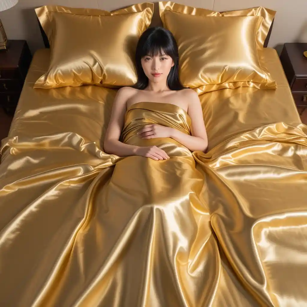 Beautiful Japanese woman lying on luxurious gold satin bedding