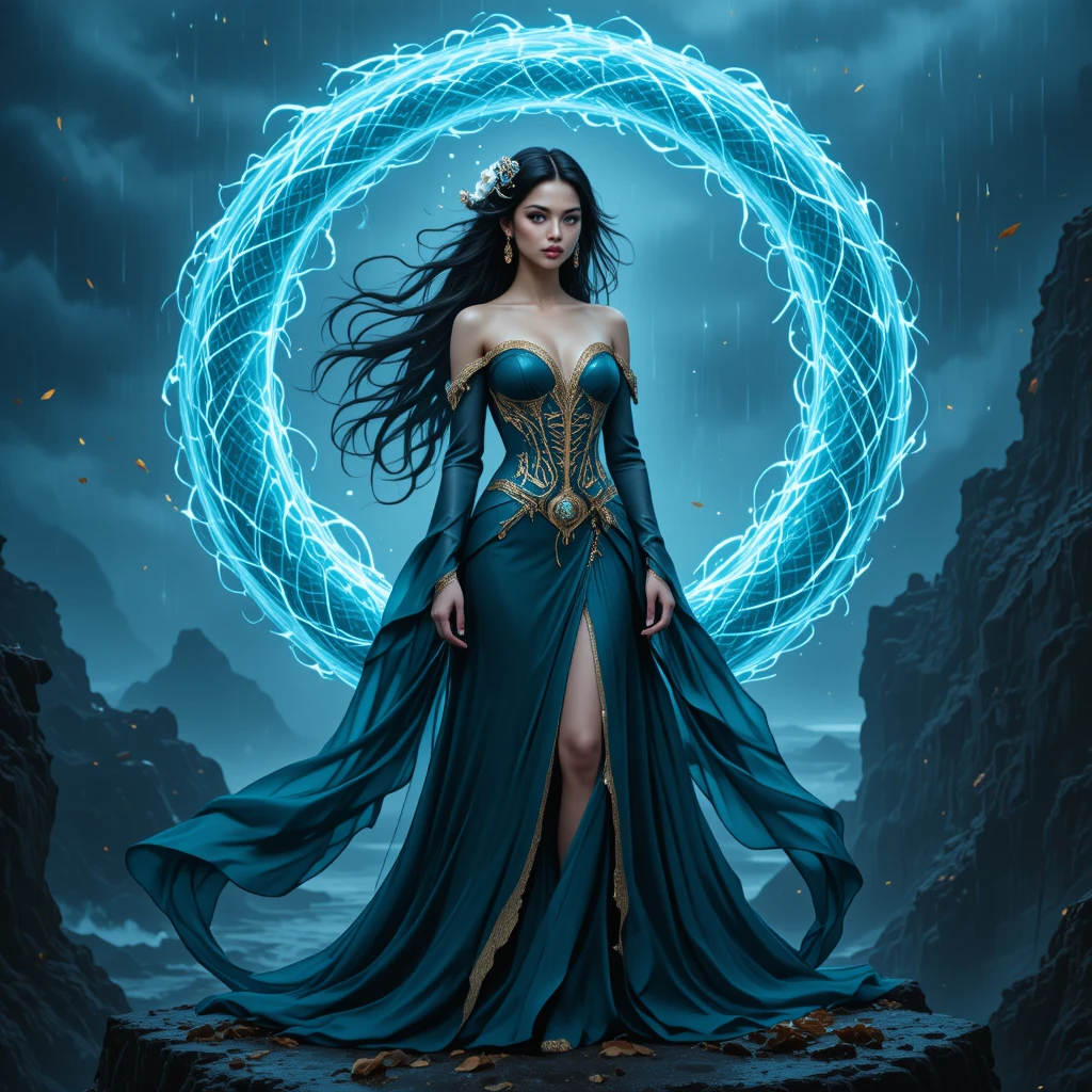 Mujer mística en un acantilado con dragón de energía azul brillante
