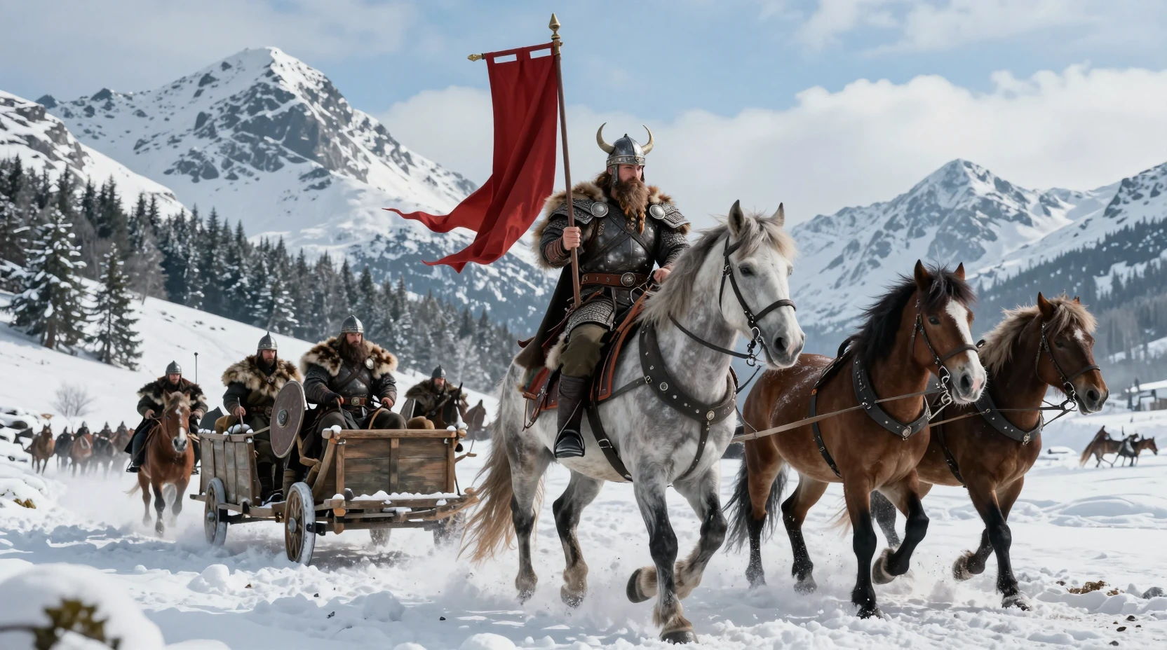 Chefe viking a cavalo liderando grupo de guerra pela neve