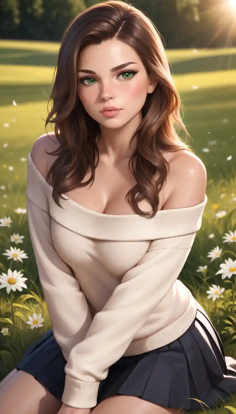陽光下跪在草地上的年輕女子特寫