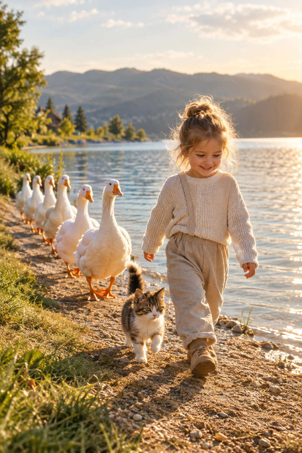 Kleines Mädchen geht mit Gänsen und einer Katze am See spazieren