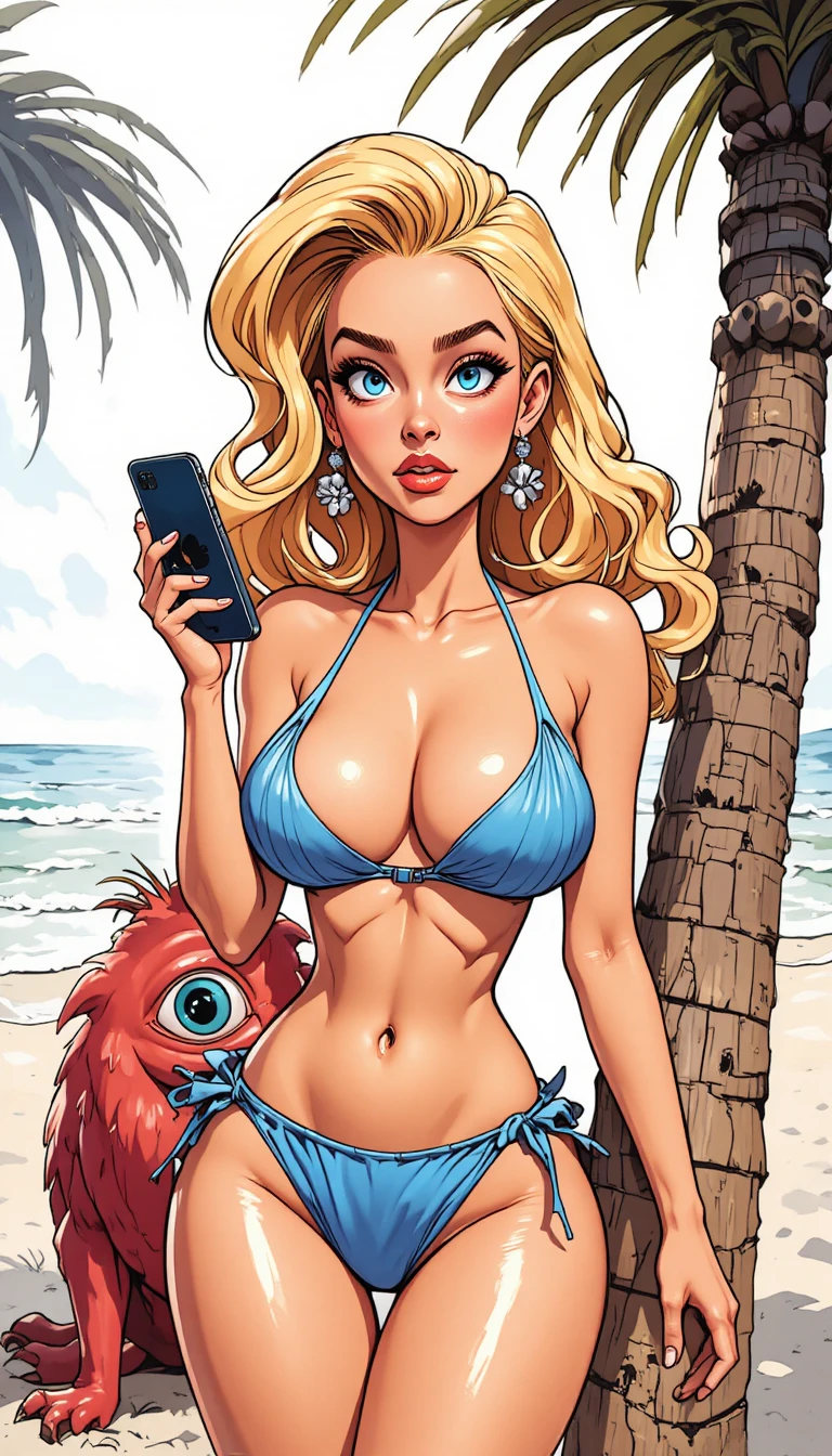 Mulher em desenho animado e ursinho de pelúcia reagindo a um celular