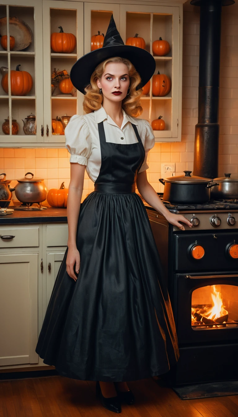 Elegant vintage witch in a 1950s kitchen scene