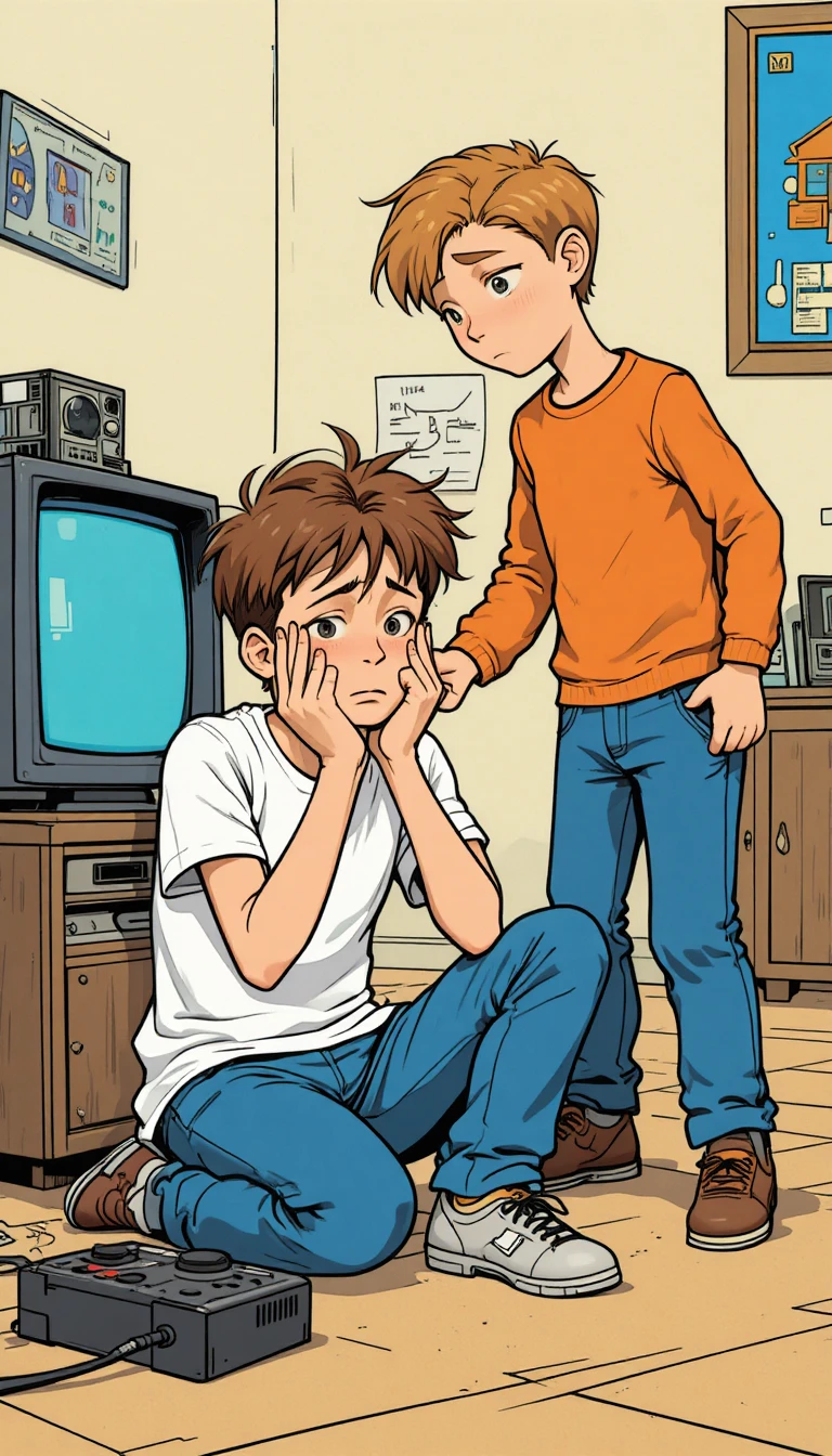 Two boys by a vintage game console in a quiet room