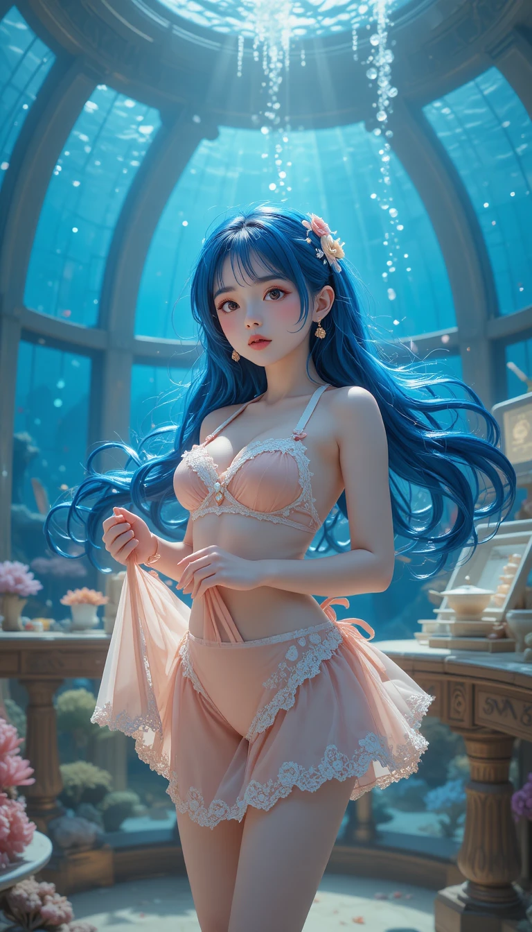 Schüchternes Anime-Mädchen im Bikini in einer Unterwasser-Kochprüfungshalle