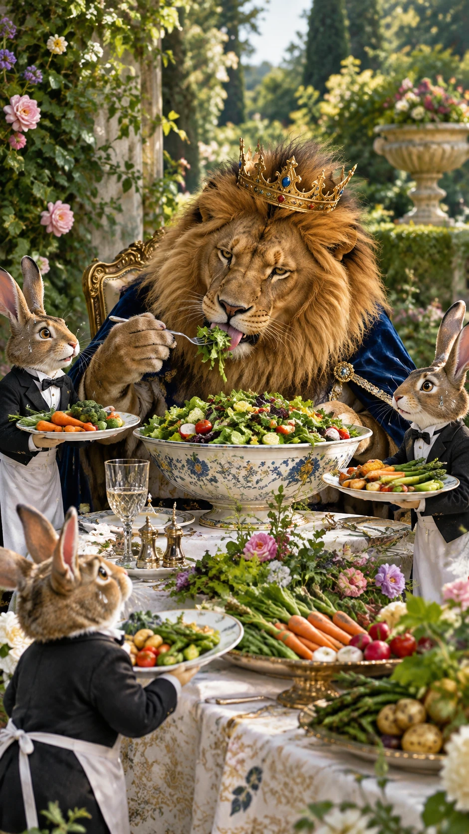 Leão majestoso jantando em uma mesa de jardim servido por coelhos
