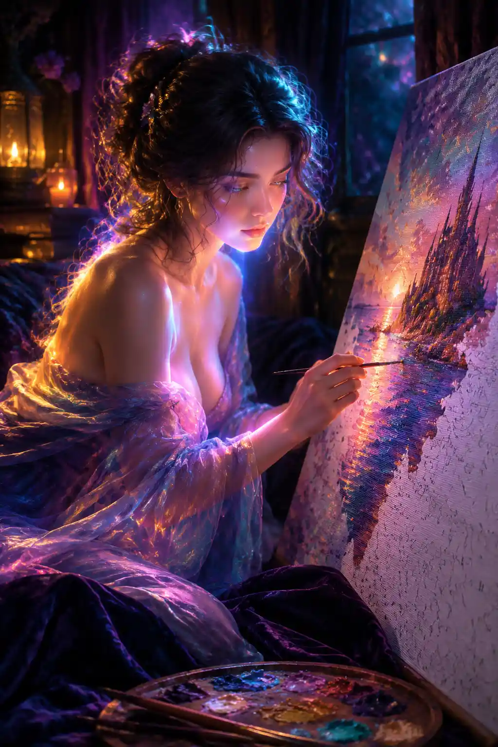 Woman glowing beside an unfinished paint by numbers canvas