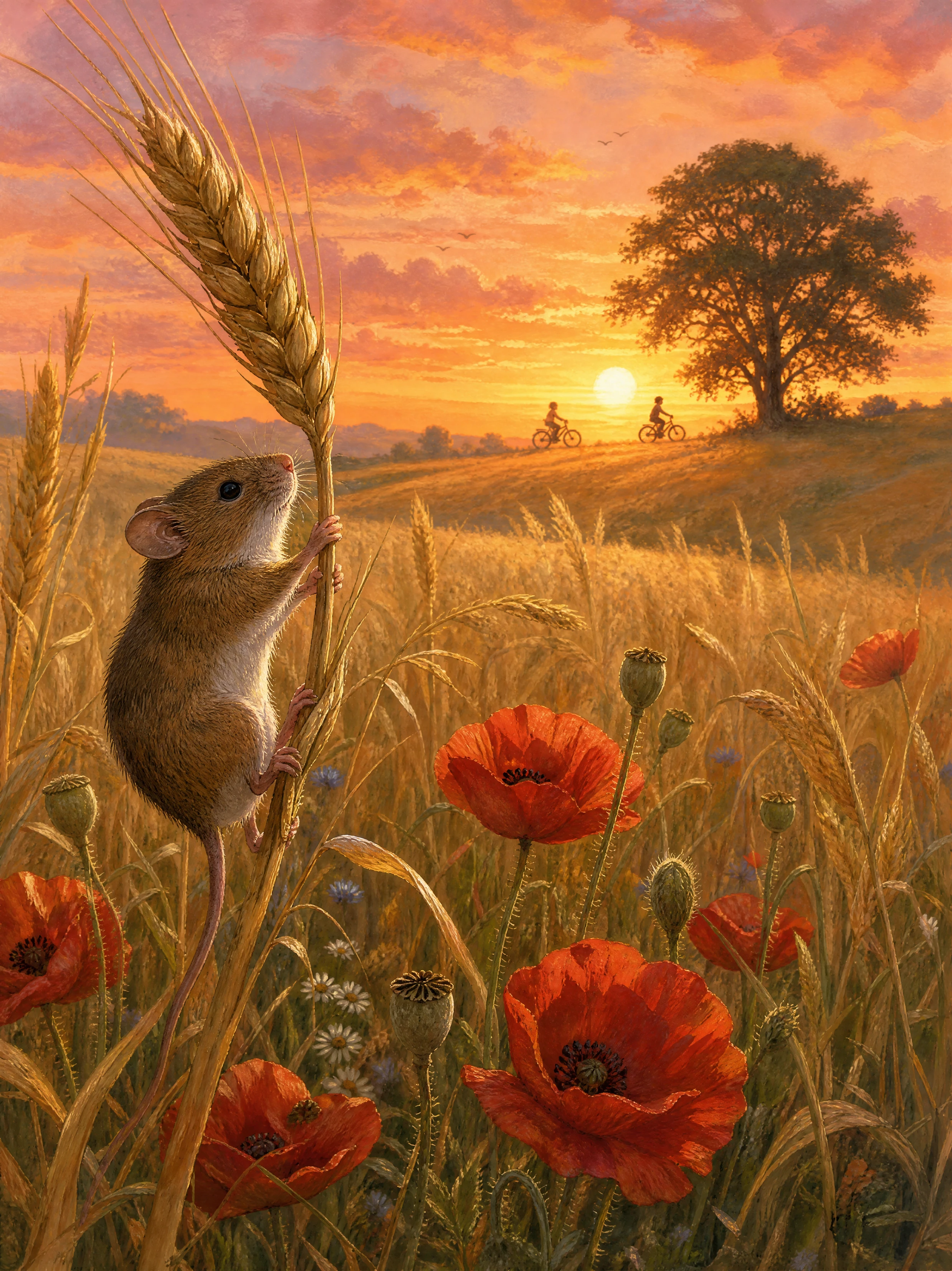 Feldmaus klettert Weizen zwischen Mohnblumen im Sonnenuntergang