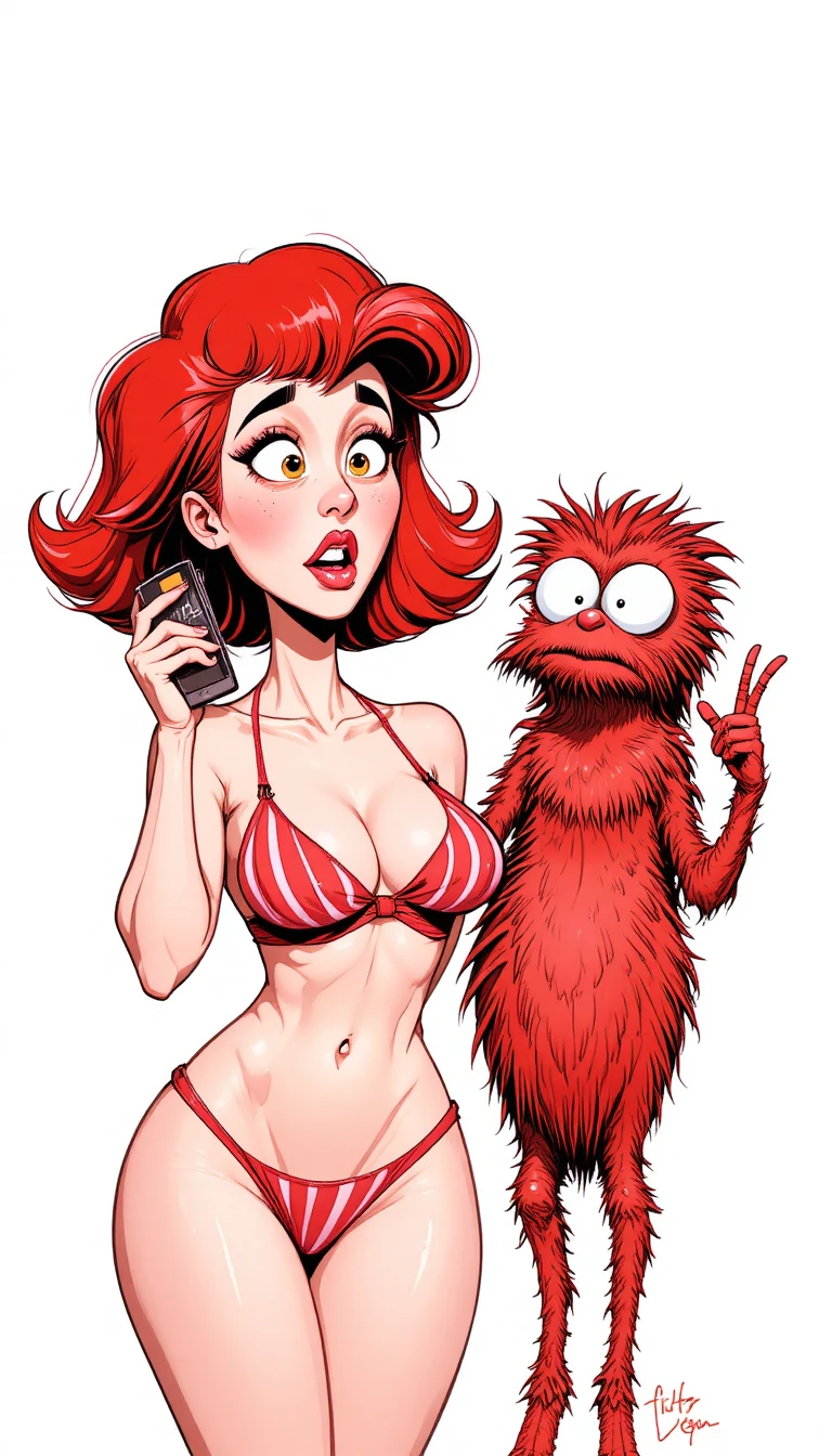 Mulher em desenho animado de biquíni listrado vermelho com reação chocada ao celular