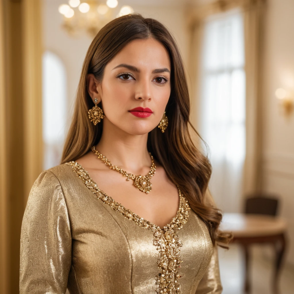 Elegante mulher espanhola com vestido dourado em um quarto feminino