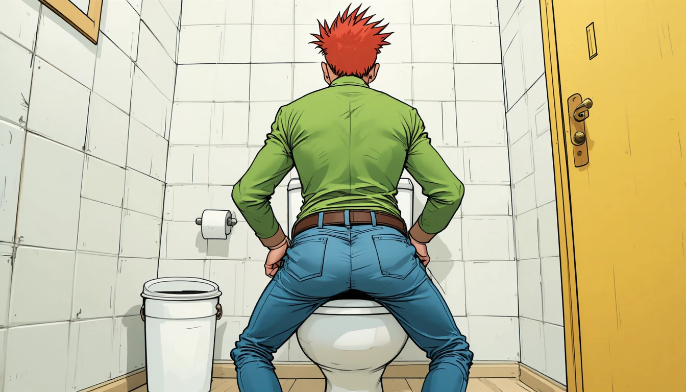 Homem de desenho animado no vaso sanitário em um pequeno banheiro branco