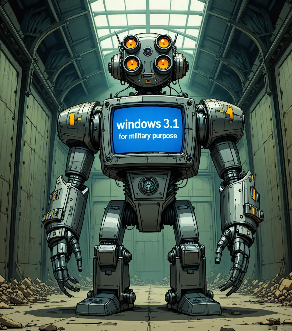 Robô de guerra retrô com ótica brilhante em hangar industrial