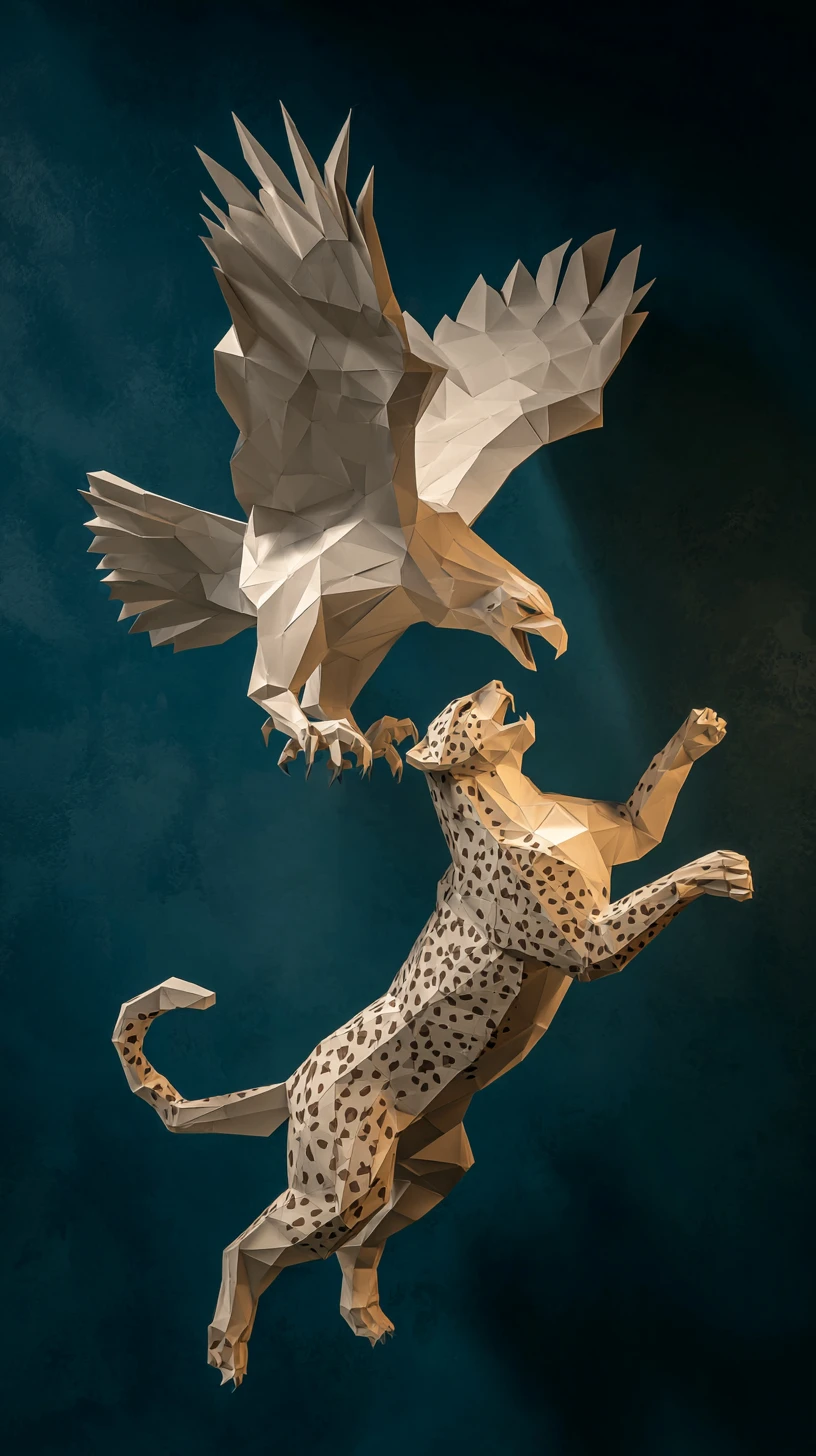 Águia e guepardo de papel low poly em choque no estúdio