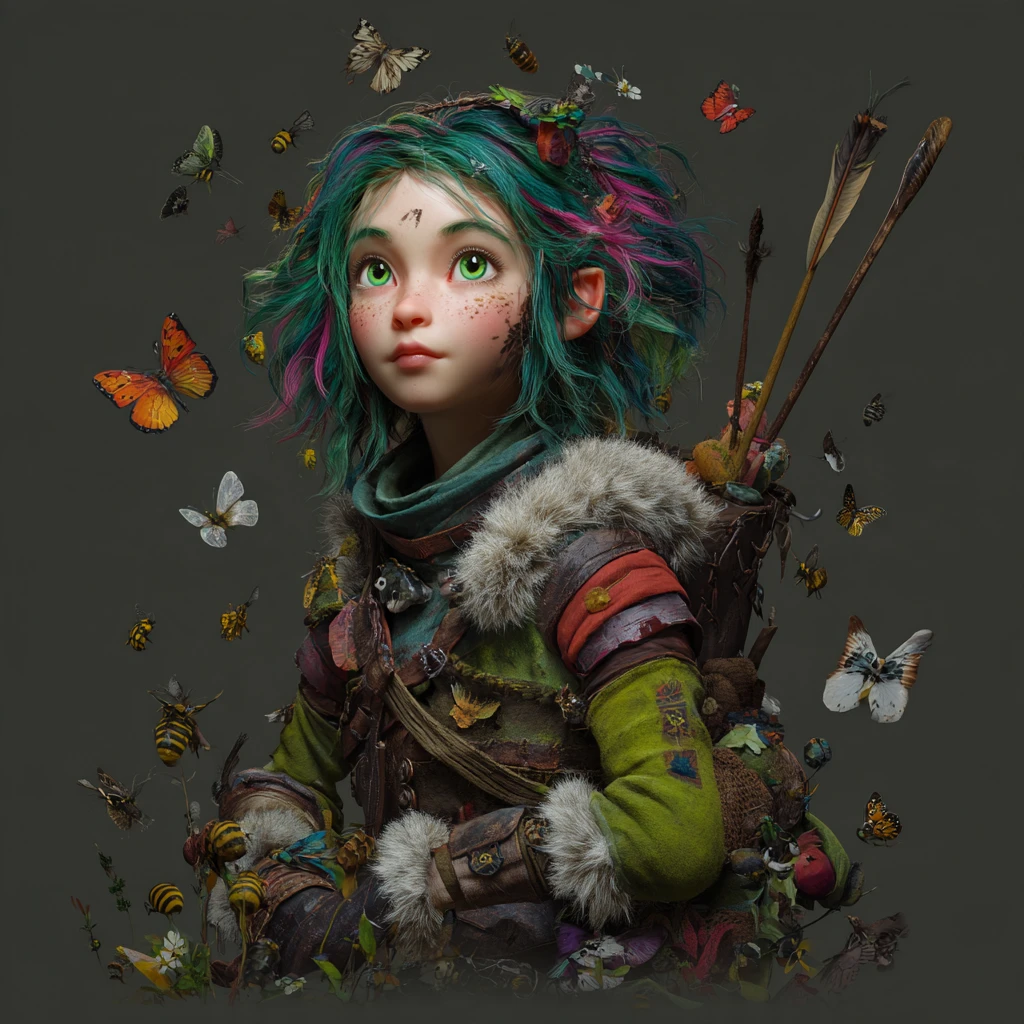 Caçadora gnoma com cabelo colorido e olhos verde-brilhantes