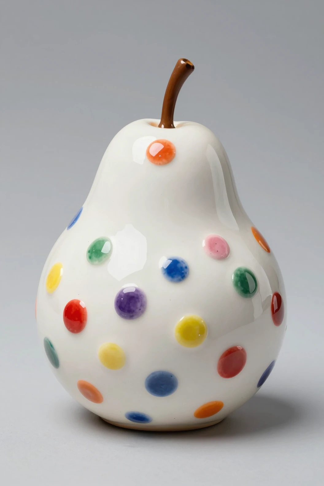 Escultura de pera de cerâmica branca com pontos coloridos em esmalte