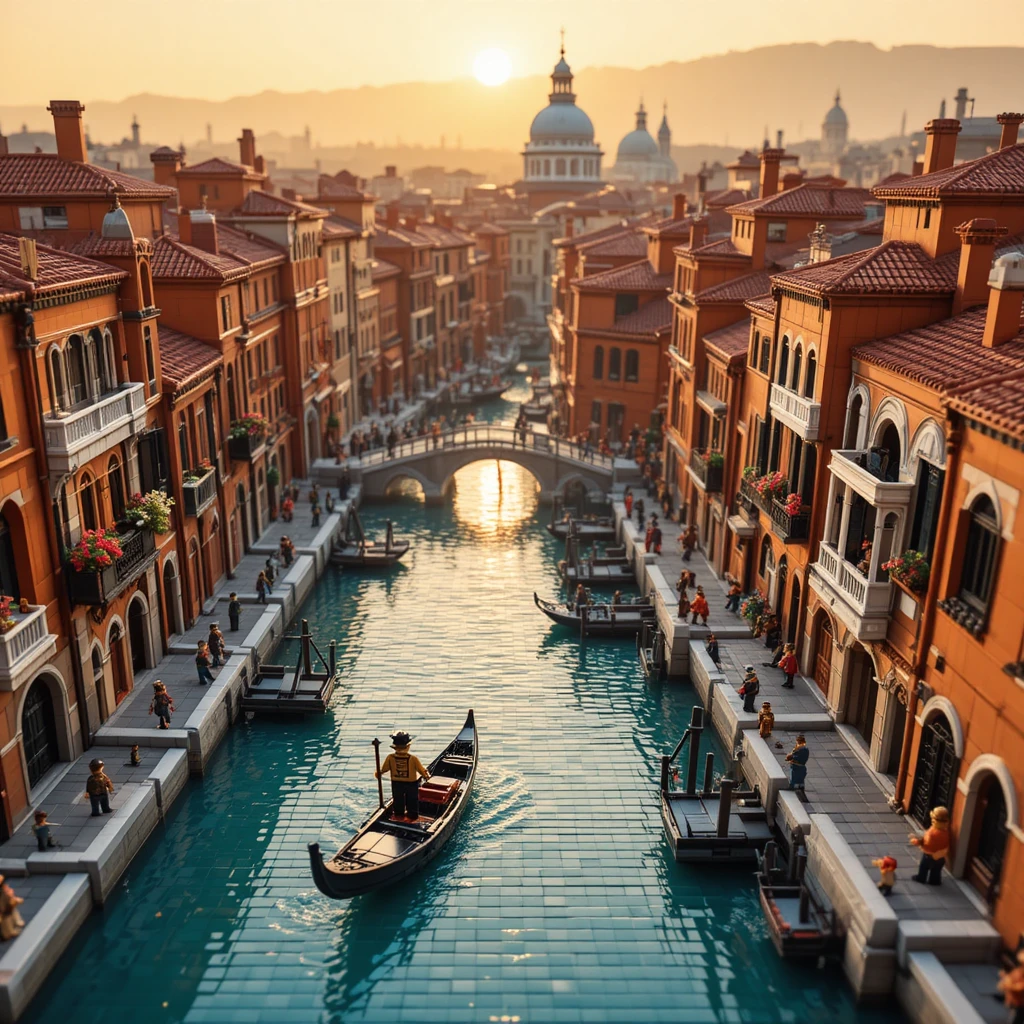 Lego Venice canal diorama at warm sunset light