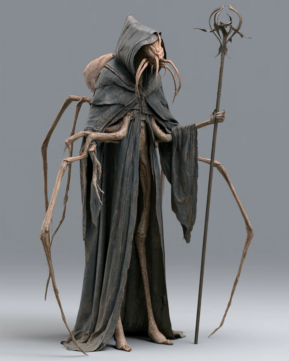 Tall arachnoid fantasy creature in cloak with staff