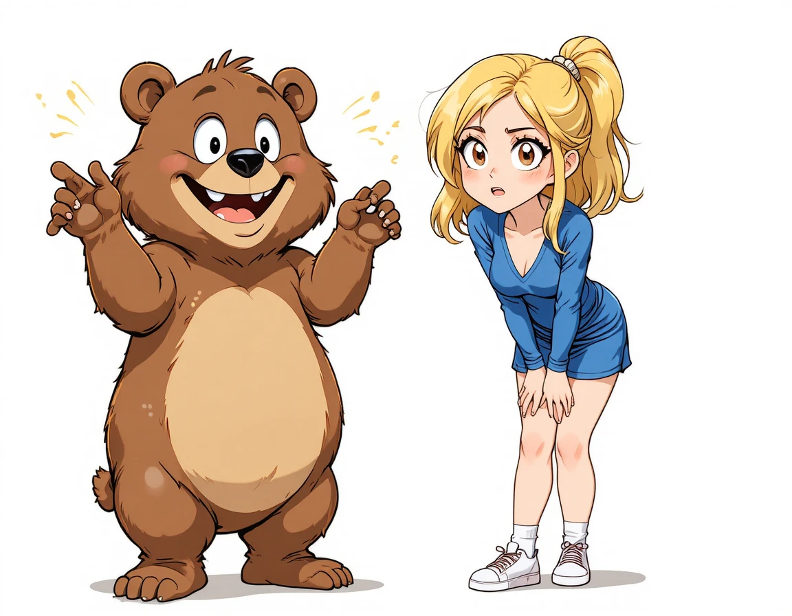 Ours cartoon et femme anime partageant une révérence enjouée
