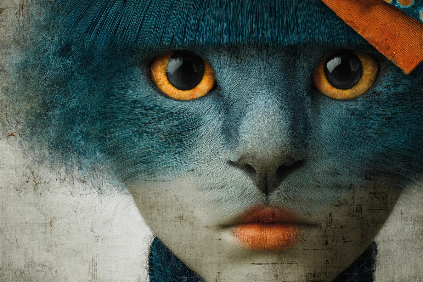 Surrealistisches Fashion-Katzenporträt mit auffallend blau-grünen Augen
