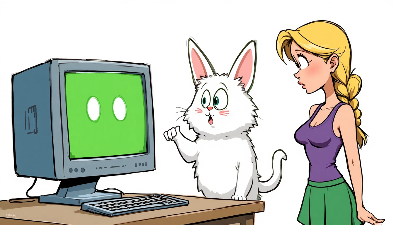 Mulher e criaturas fofas olhando para uma tela de computador brilhante
