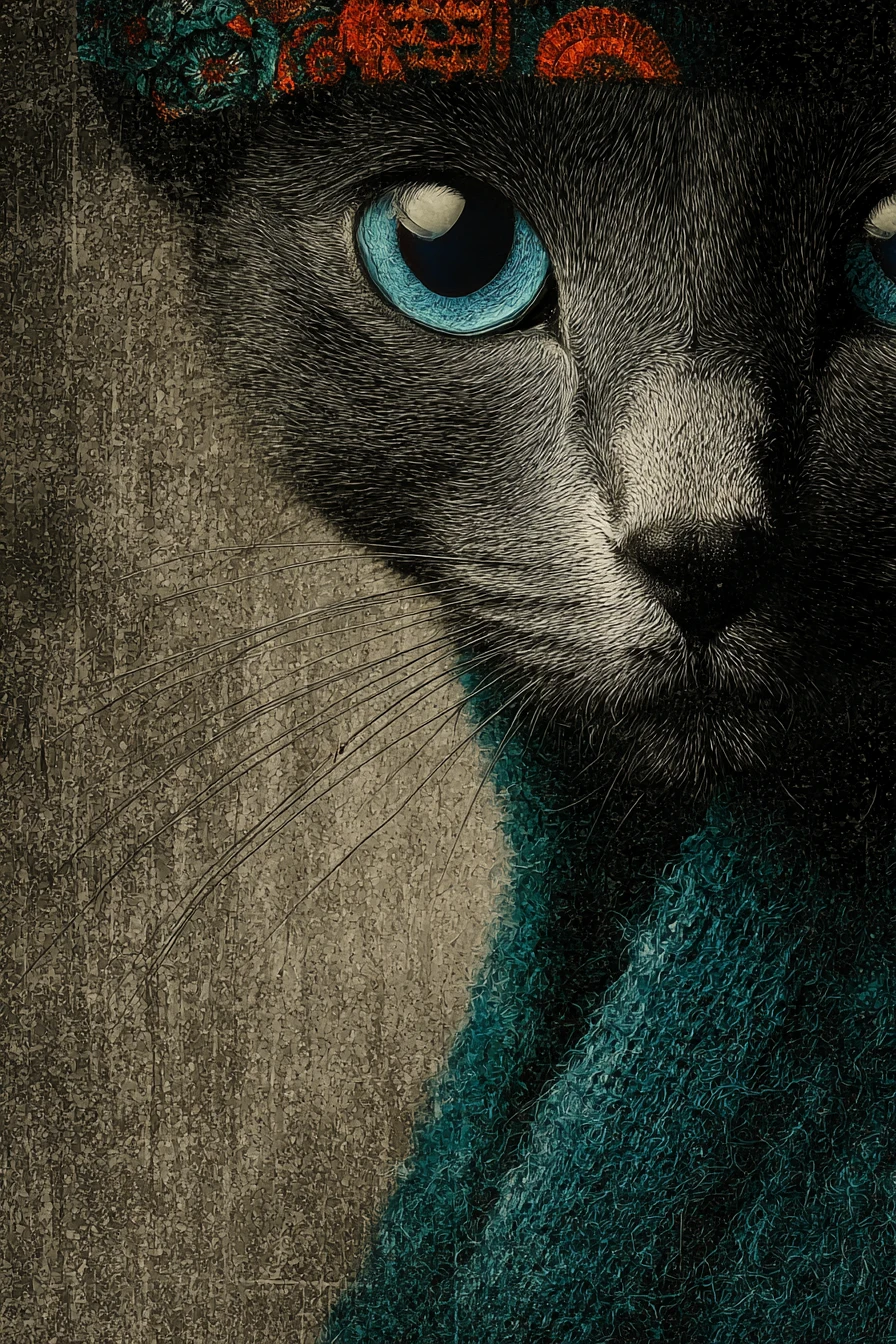 Portrait surréaliste d’un chat fashion aux yeux bleu-vert saisissants