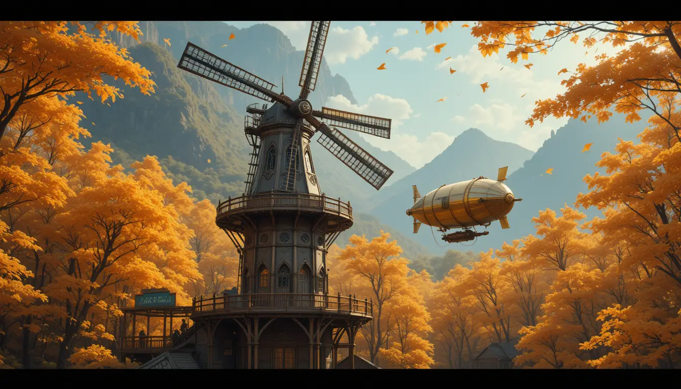 Steampunk-Windmühlenstation zwischen leuchtend goldenen Ginkgobäumen