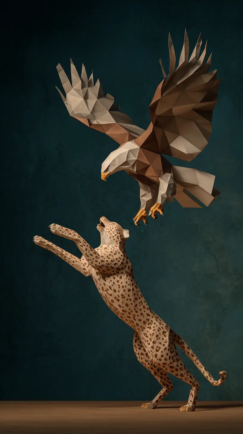 Low-Poly-Papieradler und Gepard prallen in der Luft aufeinander