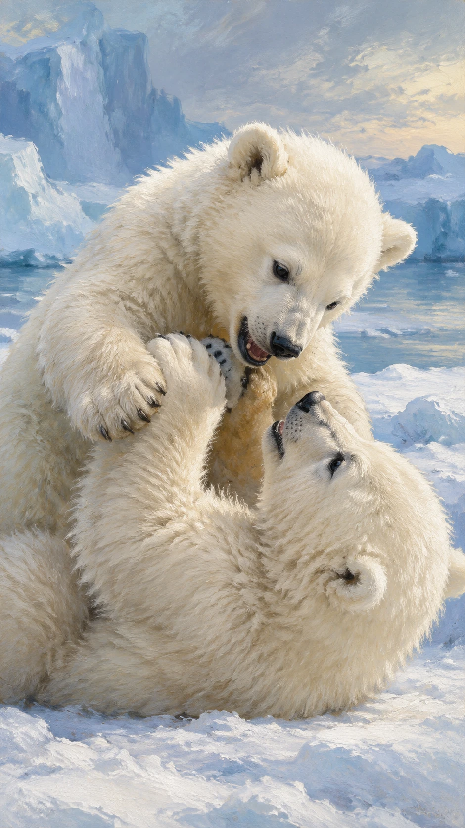 Dois filhotes de urso-polar brincalhões lutando no gelo