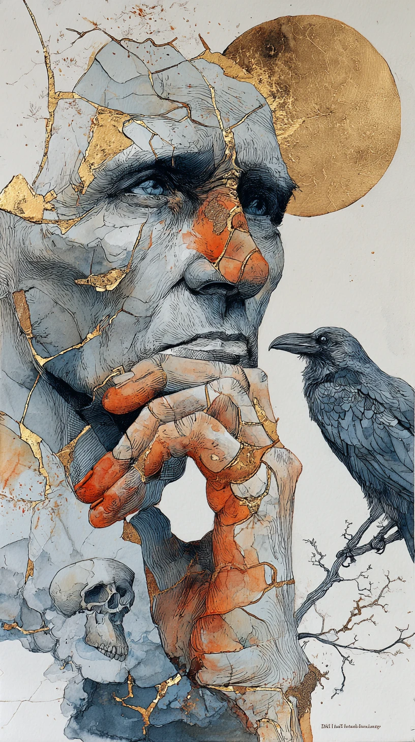 Portrait allégorique à l’aquarelle d’un vieil homme contemplatif