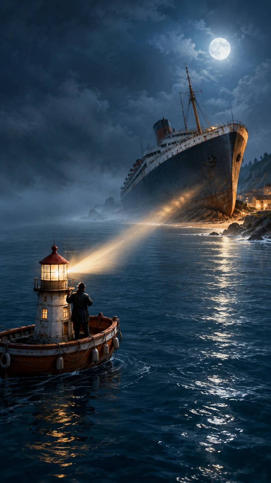 Tiny lighthouse in a lifeboat facing a stranded ship