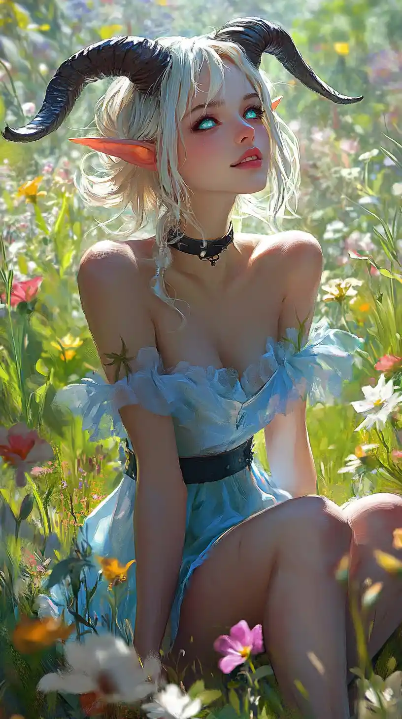 Fantasy tiefling woman walking barefoot in a flower garden