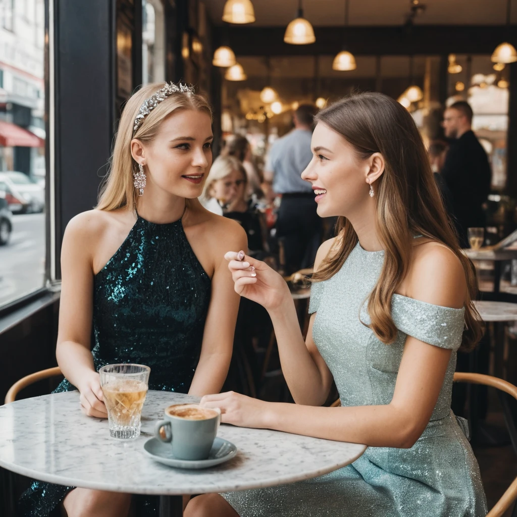 Duas jovens conversando durante o almoço em um café movimentado